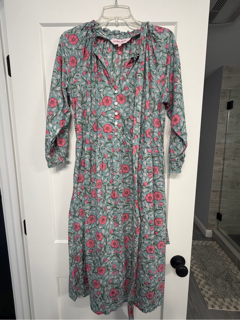 Floral Midi Dress in Aqua with Pink Flowers